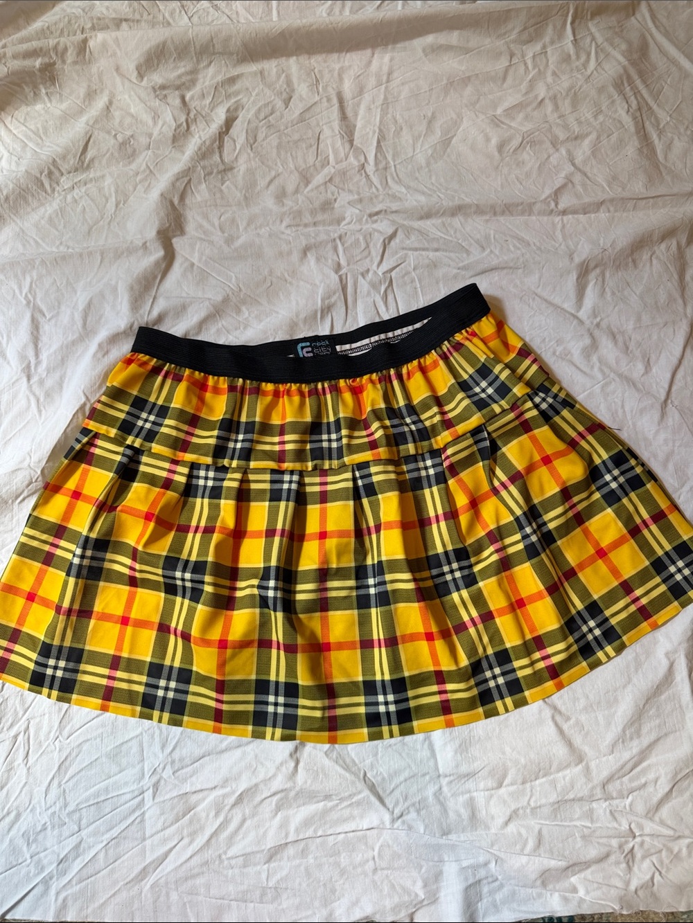 Yellow Plaid Pleated Running Skirt with Black Waistband